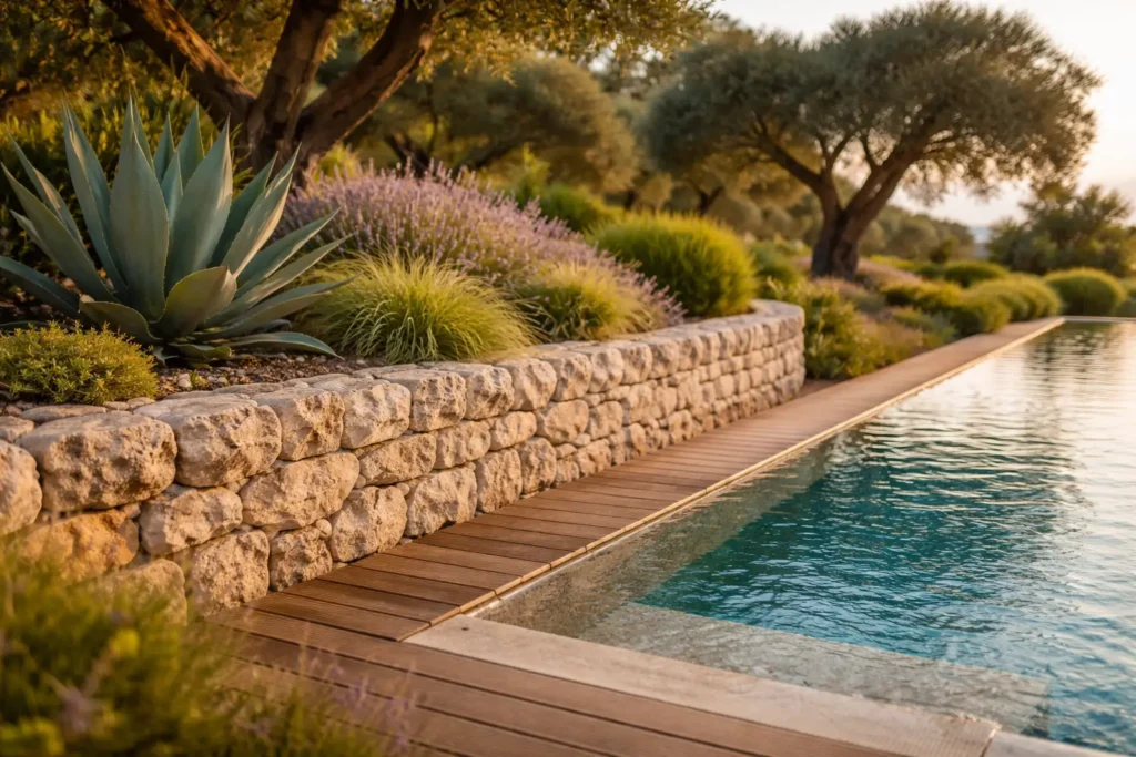 Maçonnerie paysagère, mur en pierre sèche et piscine à débordement dans une villa du Var, expertise paysagiste