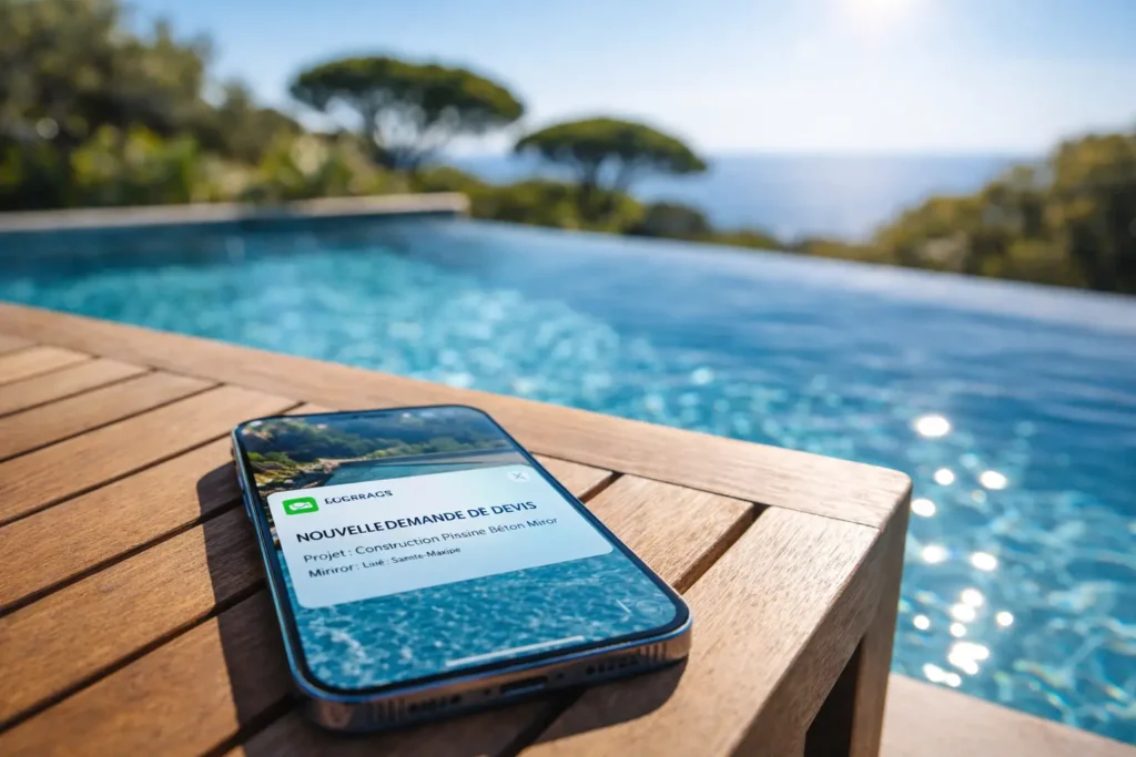 Smartphone affichant une notification de demande de devis qualifiée pour une construction de piscine dans le Var, posé au bord d'une piscine à débordement