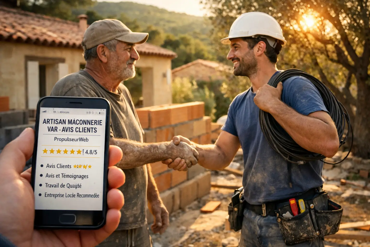 Deux artisans se serrent la main sur un chantier du Var, un client regarde un site d'artisan maçon sur son smartphone au premier plan