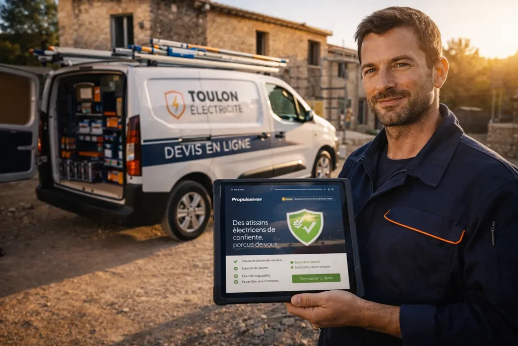 Électricien souriant à Brignoles avec sa camionnette professionnelle et une tablette affichant un site web certifié Décennale