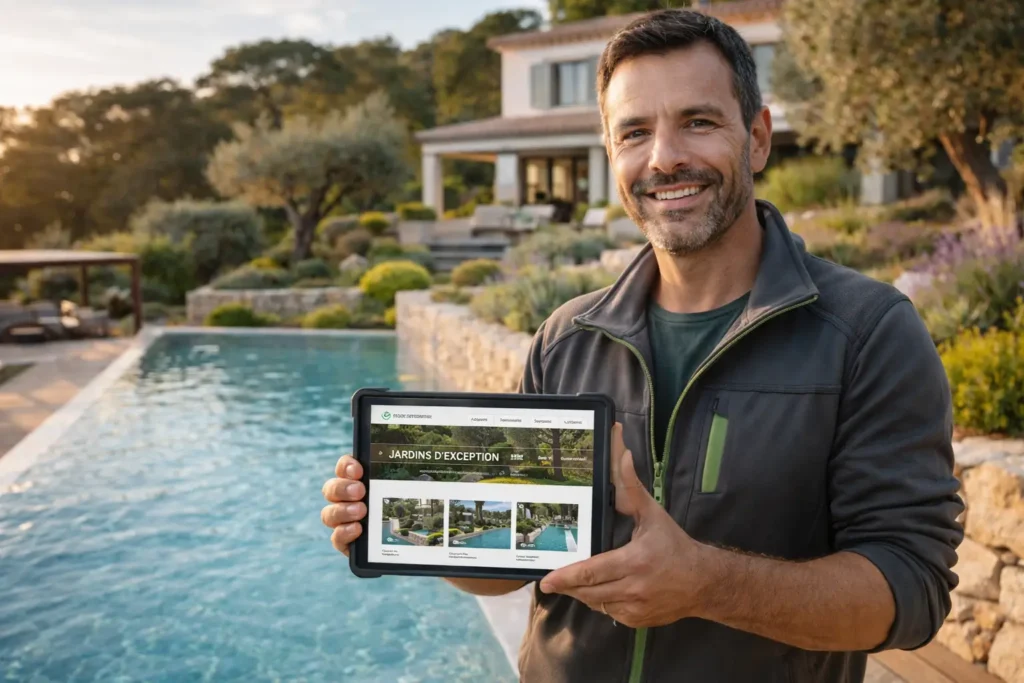 Artisan paysagiste varois souriant tenant une tablette affichant son portfolio site web performant créé par PropulseurWeb