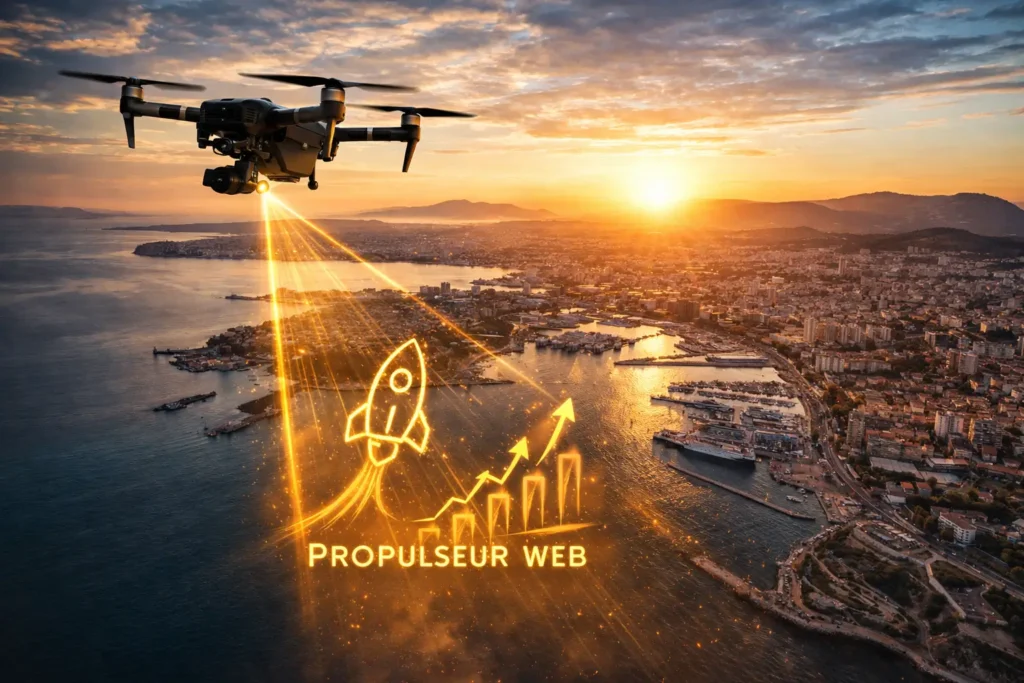Drone projetant des flèches de croissance SEO au-dessus de Toulon pour symboliser la visibilité locale par Propulseur Web.