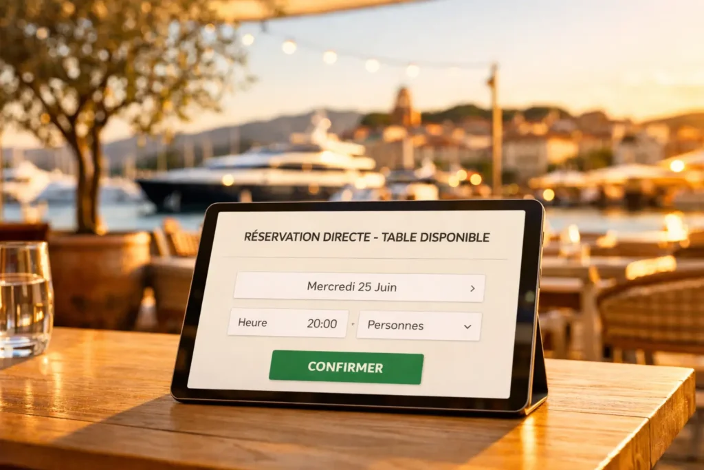 Interface de réservation en ligne directe sur tablette dans un restaurant vue mer dans le Var