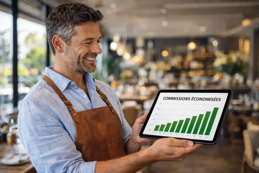 Restaurateur souriant consultant ses statistiques de réservations sans commission sur une tablette
