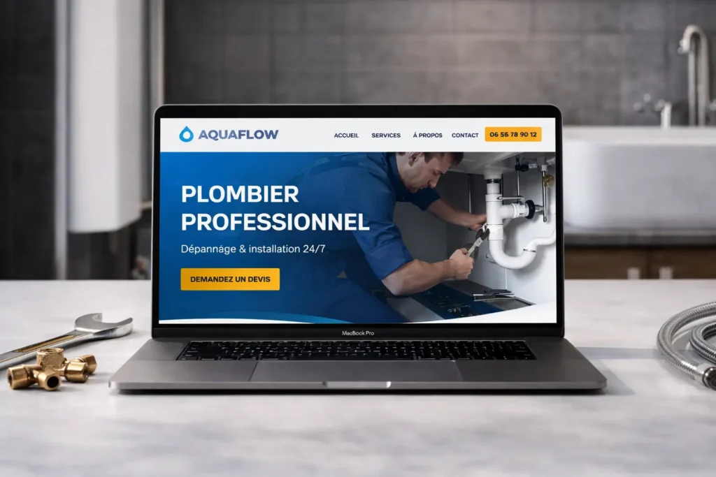 Plombier à Toulon (Var) utilisant le site web créé par PropulseurWeb sur sa tablette, devant des tuyaux de cuivre.