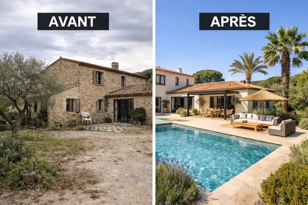 Comparaison avant-après d'un chantier de rénovation dans le Var.