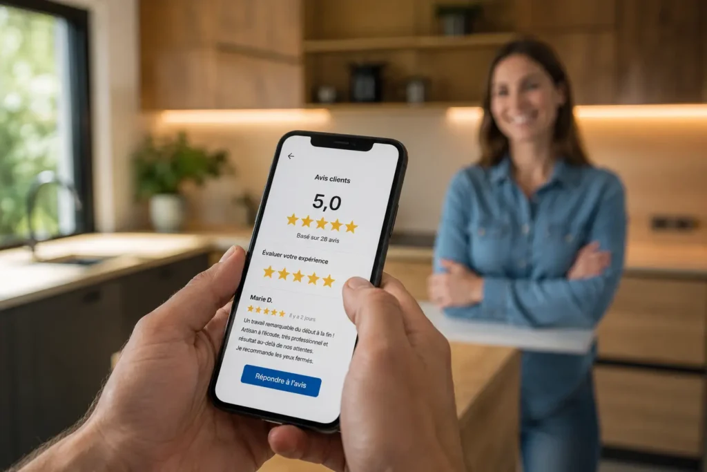 Un artisan du bâtiment dans le Var consulte ses excellents avis clients 5 étoiles sur Google Business Profile depuis son smartphone à la fin d'un chantier.