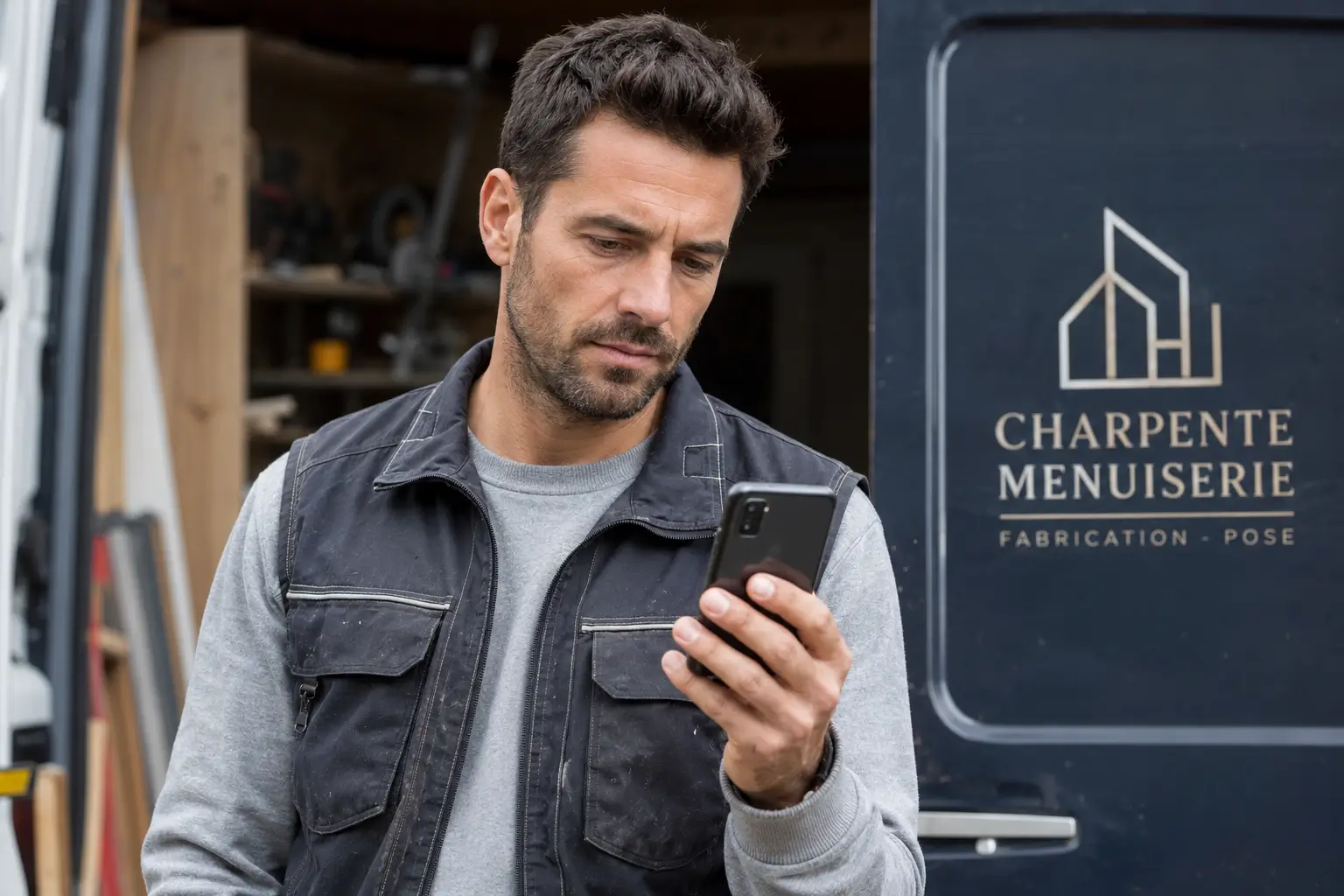 Un artisan menuisier dans le Var vérifie la visibilité de sa fiche Google Business Profile sur son smartphone.