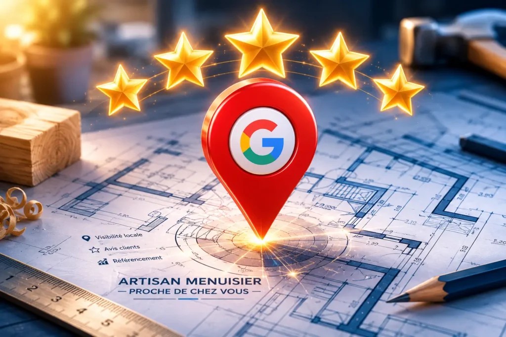 Illustration SEO local montrant l'importance des avis clients et de la carte Google Maps pour les artisans de l'habitat.