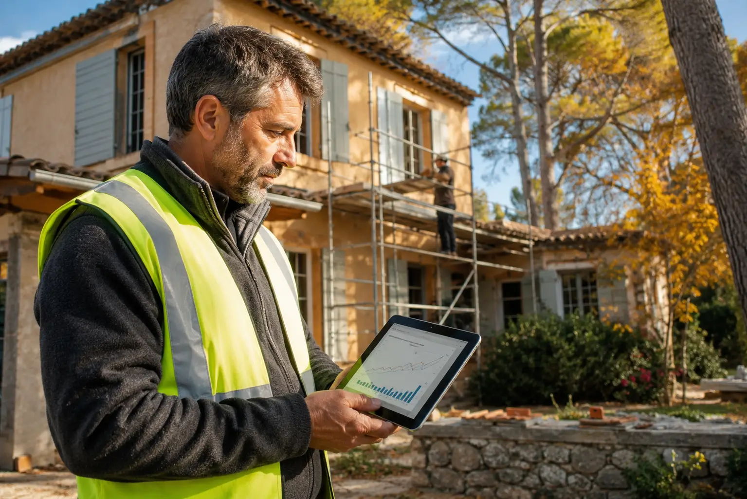 Artisan du bâtiment consultant son site web pour trouver des chantiers cet automne dans le Var
