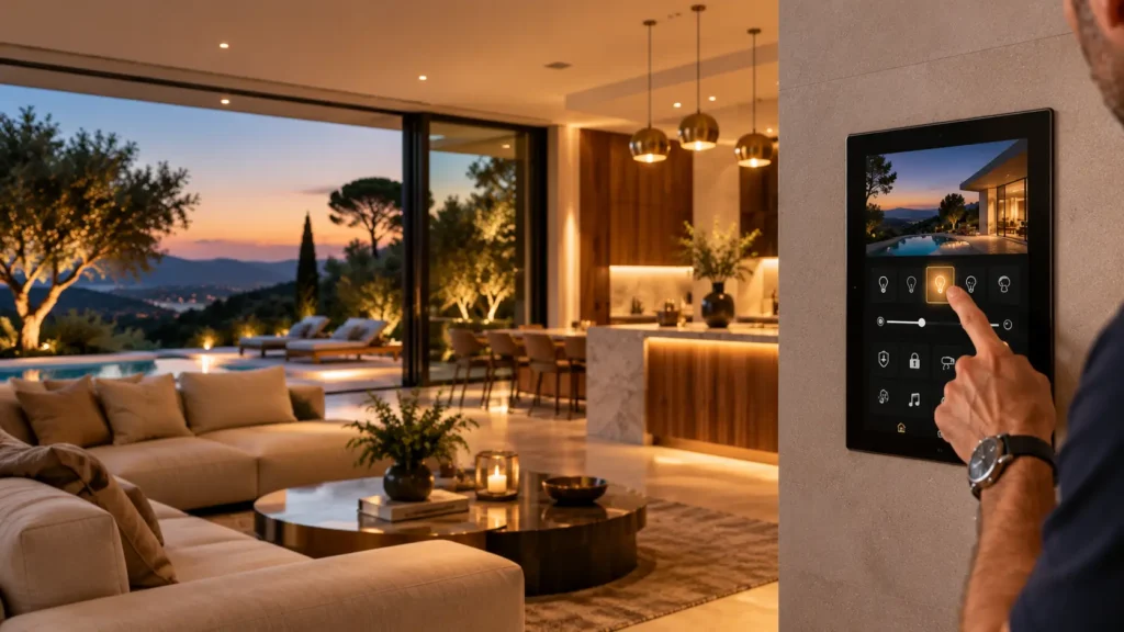 Intérieur de villa moderne dans le Var avec éclairage design et écran domotique mural. Illustration pour création de site internet d'électricien.
