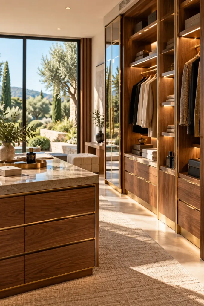Illustration d'un dressing sur mesure en bois de noyer et laiton dans une villa de luxe du Var. Image de haute qualité pour portfolio de menuisier ébéniste.
