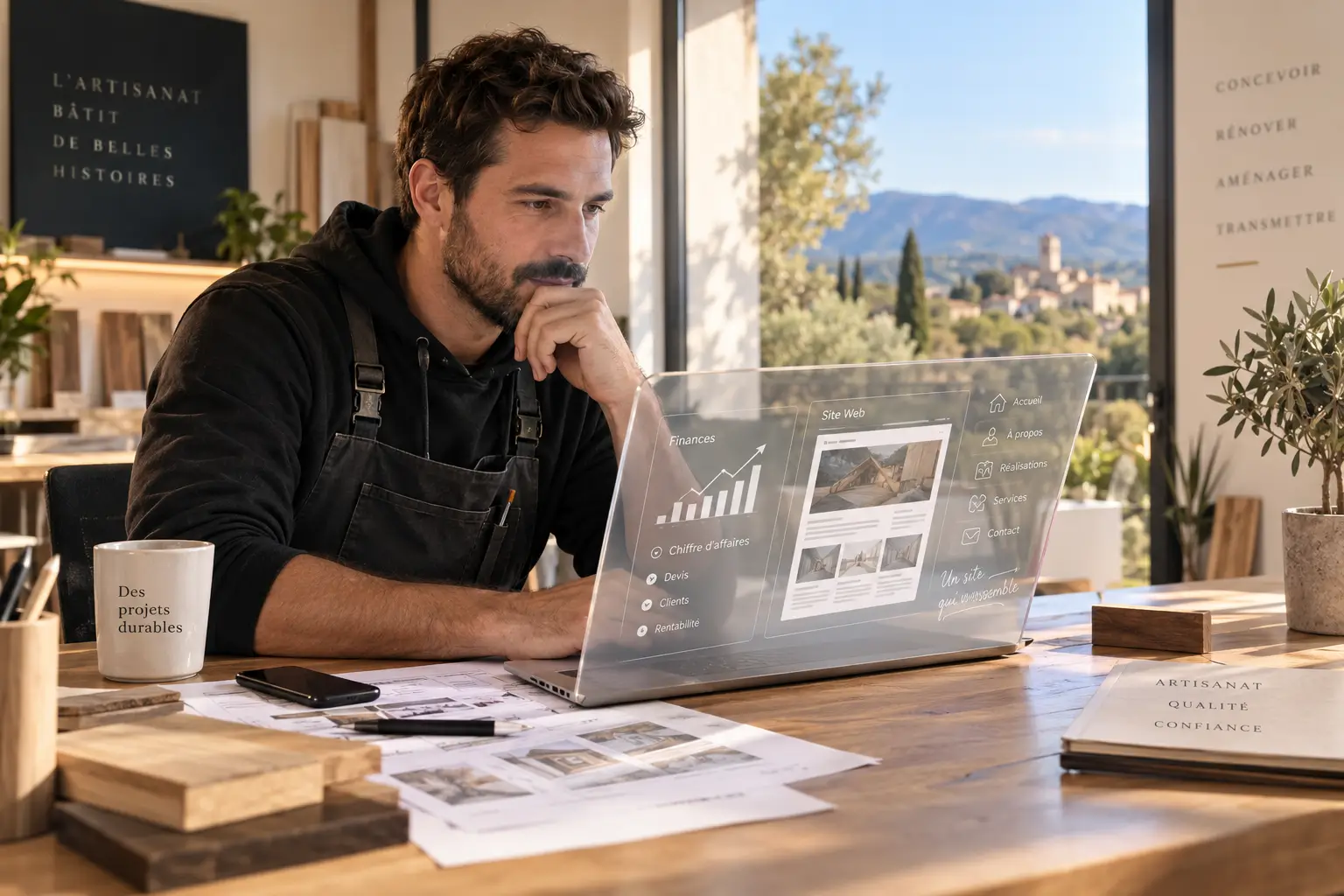 Artisan du bâtiment analysant le prix d'un site internet dans le Var